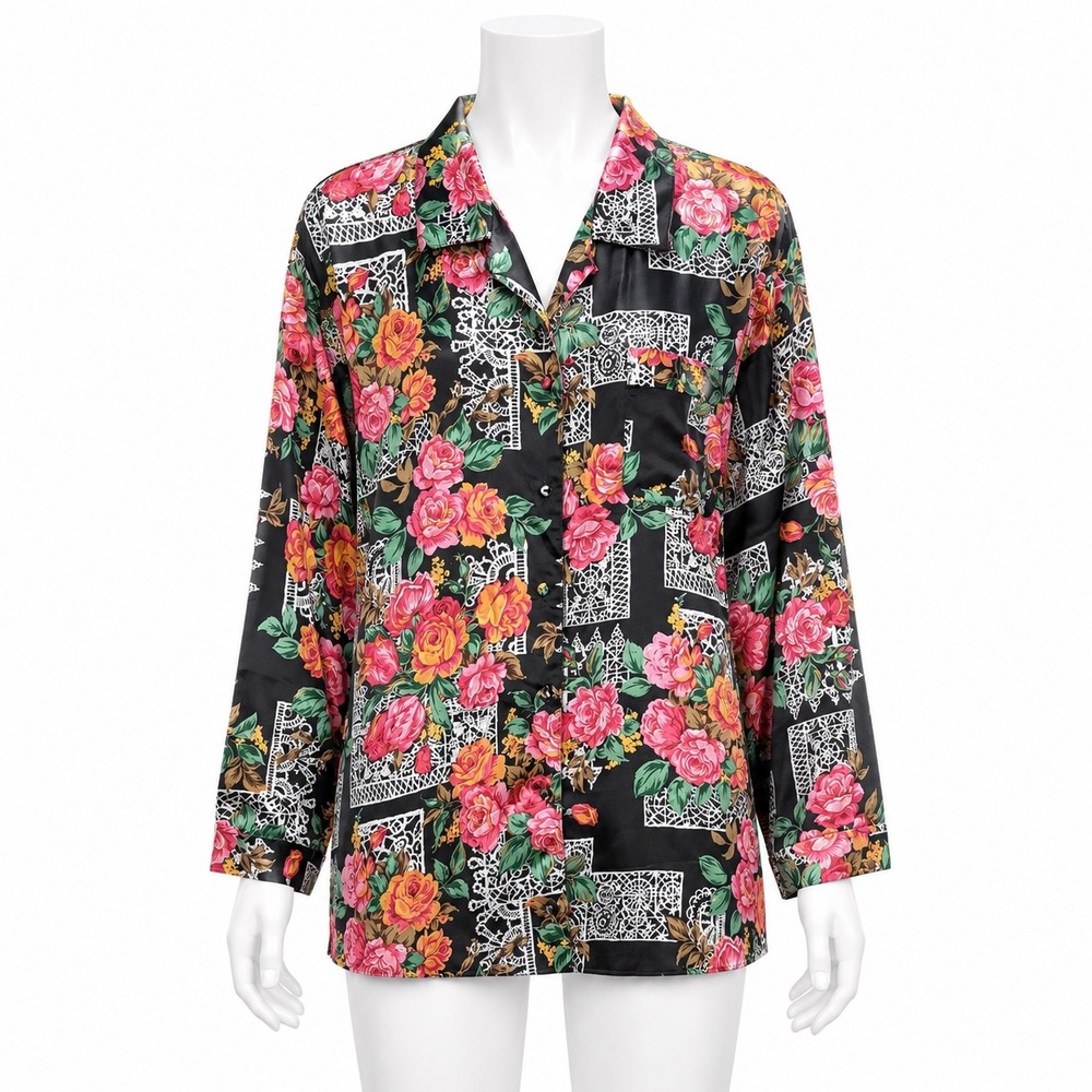 Kathryn Sleep‎ Shirt Women L Black Pink Floral Satin Button Front Long Nightgown